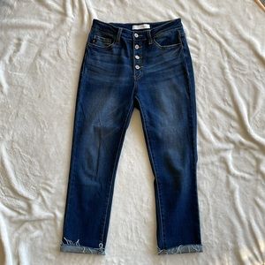 KanCan women's 28 button fly cropped raw hem cuffed‎ distressed blue jeans.